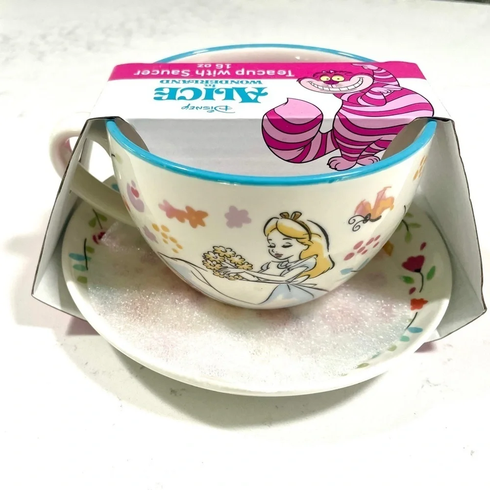 Disney Alice in Wonderland Floral & Black/White Teacups with Saucers Set of 2 - Picture 6 of 6